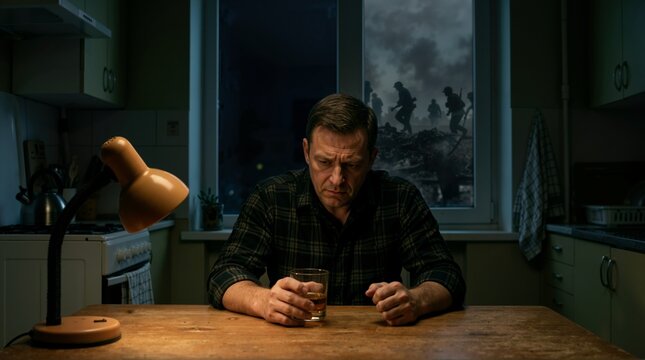 Distressed veteran sitting at kitchen table with drink and war flashback. Solitary man holding alcohol glass with battlefield reflection in window. PTSD and mental health concept