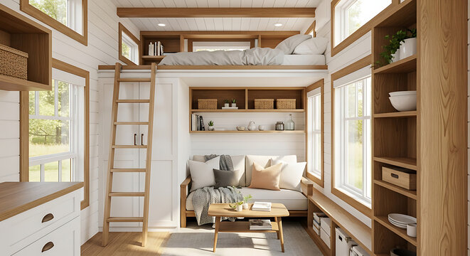 Tiny house living room with loft bed and shelving units background full hd download 2025 2026