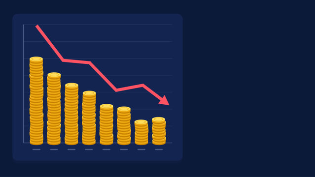 Economic downturn: Decreasing coin stacks and a red line graph