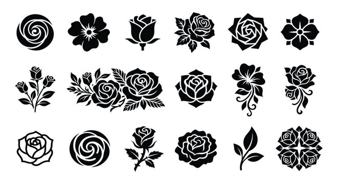 Black rose flower silhouette stencil vector set