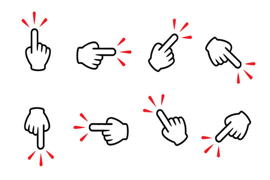 Hand click cursor icons with black lines and red motion accents for website navigation and digital user interface design.