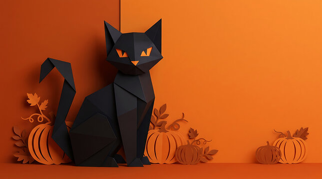A stylized 3d black paper origami cat sitting in the corner alongside mini orange paper cut pumpkins against a vibrant orange wall with copy space.