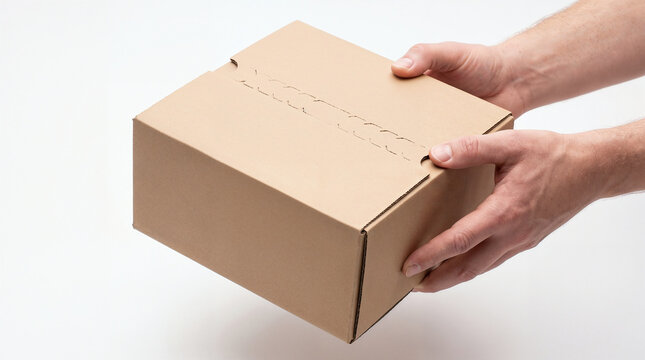 Human hands holding a closed box, a brown box of corrugated cardboard used as a cardboard box package for packing and parcel, on a white background.