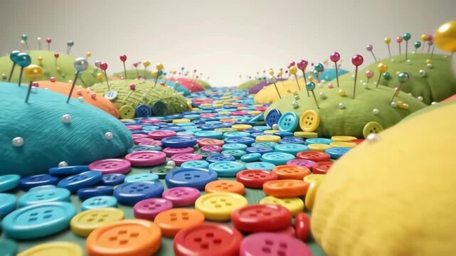 3D animation of a colorful button path and pin cushions