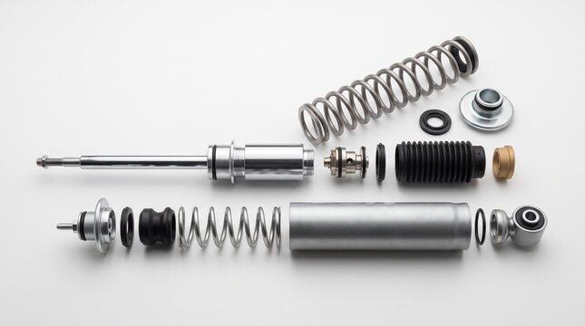Horizontal Exploded Parts - 3D illustration of Flat layout exploded view of suspension
components