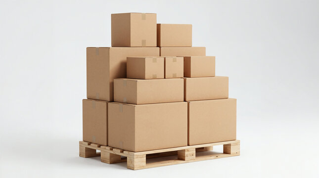 Cardboard boxes and stacked boxes with packaging for shipping and storage, cargo and parcels on a wooden pallet, made of corrugated cardboard against a blank background.