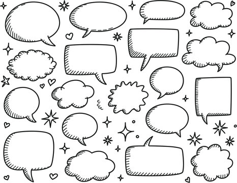 Speech bubble icons in assorted hand drawn styles for comics dialogue conversation and design
