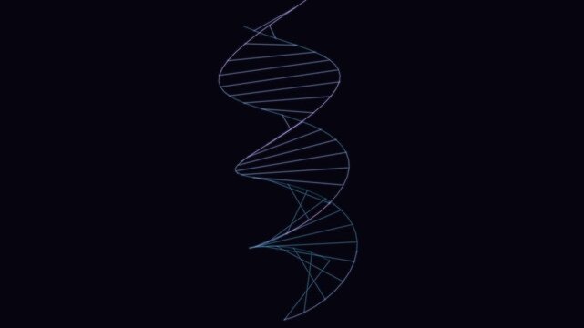 Abstract digital illustration of a dna double helix structure, glowing neon blue lines forming a scientific genetic strand against a dark black background
