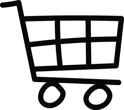 A stylized black outline of a shopping cart on a white background.