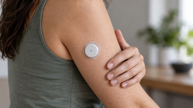 Woman Resting Her Hand on Her Arm Showing a Continuous Glucose Monitoring CGM Arm Sensor