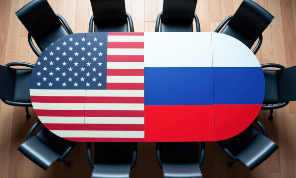 oval table with chairs with the flag of the USA and Russia, the concept of peaceful diplomacy and negotiations