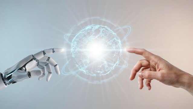 Robot and human hands reaching towards a glowing digital sphere