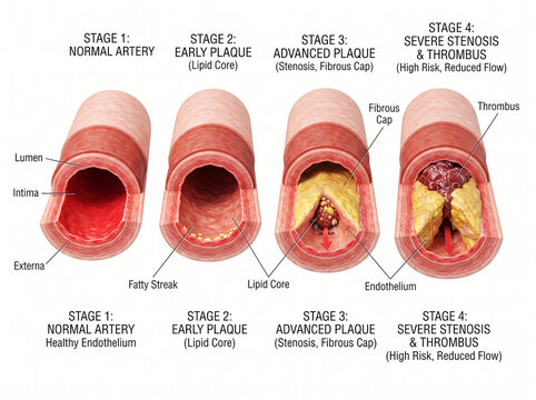 3D medical illustration showing the 4 stages of atherosclerosis progression and artery plaque buildup from normal artery to severe stenosis and thrombus.