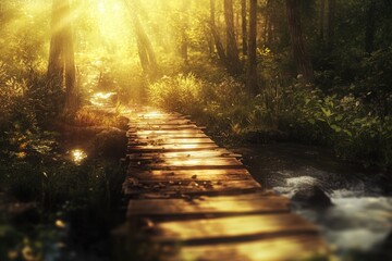 Fototapeta premium Wooden bridge path through sunlit forest.