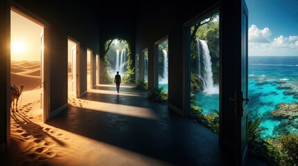 Fototapeta premium Man walks through dark hallway with many open doors. Doorway shows different world like desert with camel, tropical jungle waterfall, blue ocean. Surreal concept of life choices, future