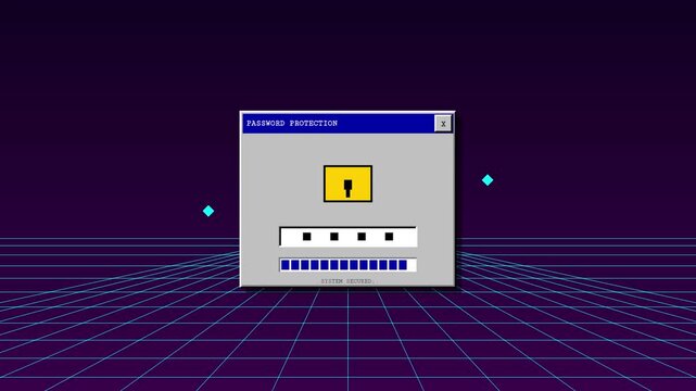 Cyber security password prompt window loading progress bar with lock icon on retro grid background