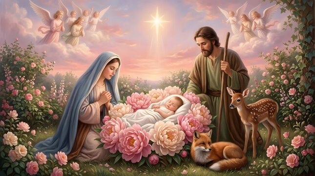 Tender capture of Baby Jesus cradled securely within peony petals, blushing twilight softly highlighting His face, gentle fox and curious deer nearby, Mary&rsquo;s adoring gaze and Joseph&rsquo;s quiet reflection