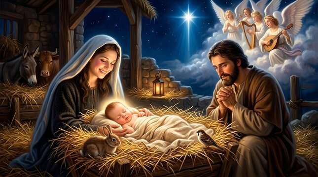 Serene image of Baby Jesus wrapped delicately in linen, slumbering atop tactile straw array, aware rabbit and attentive sparrow investigating, Mary&rsquo;s face with maternal joy, Joseph positioned in devot