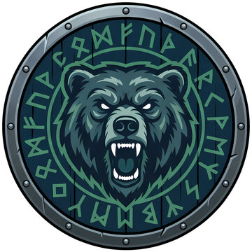 Viking Shield with Bear and Norse Runes Illustration on Transparent Background