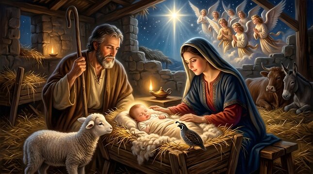 Intimate depiction of Baby Jesus resting against wooden trough, sunlight filtering softly enhancing peaceful nature, explorative lamb and aware quail looking over, Mary&rsquo;s adoring close glance, Joseph 