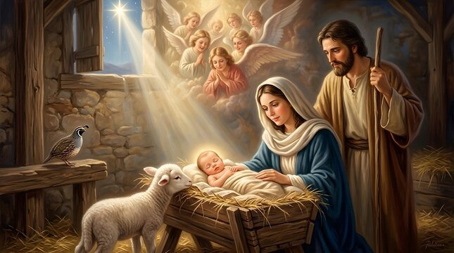 Intimate depiction of Baby Jesus resting against wooden trough, sunlight filtering softly enhancing peaceful nature, explorative lamb and aware quail looking over, Mary&rsquo;s adoring close glance, Joseph 