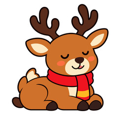 Cute cartoon reindeer wearing a red scarf resting peacefully on a white background. © taqin98