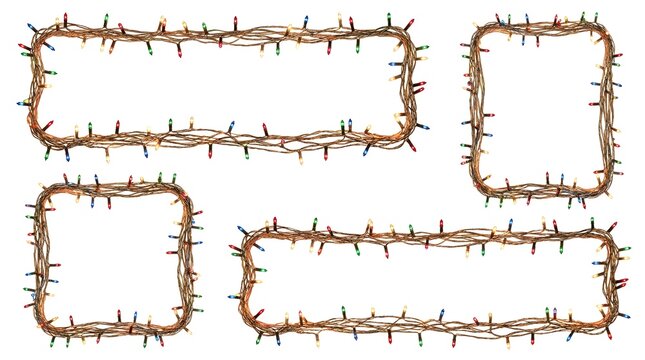 Set of four rectangular and square frames made of colorful christmas string lights isolated on white background