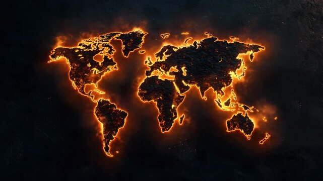 An image of a world map with flames burning over it, symbolizing a fiery or endangered planet.