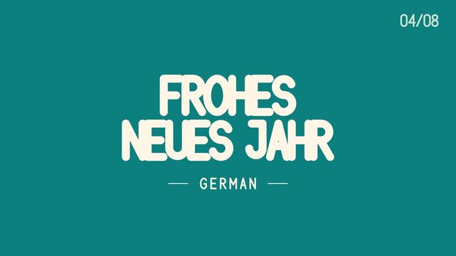 Happy New Year in eight languages including Spanish, French, German, Italian and Indonesian with bold kinetic text on color blocks