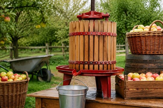 Traditional wooden cider press extracting fresh juice into a metal bucket. Apple harvest with fruit baskets and crates in an orchard setting