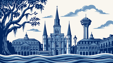 Obraz premium New orleans skyline featuring cathedral and oak tree in blue style