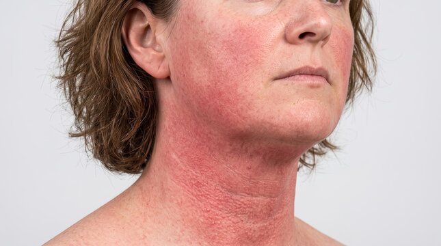 Severe diffuse erythema and redness on the face and neck of a woman from rosacea or contact dermatitis
