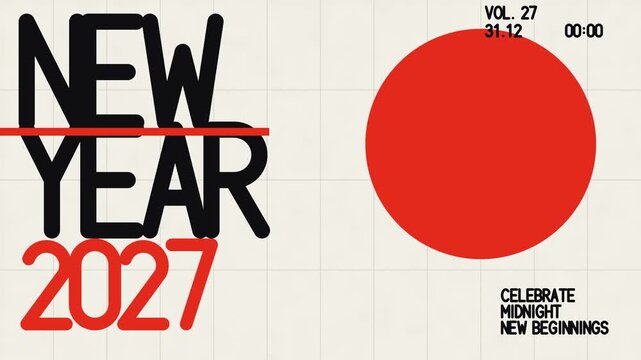 Swiss style kinetic typography poster with huge black New Year 2027 letters, a red circle, grid lines and a scrolling ticker