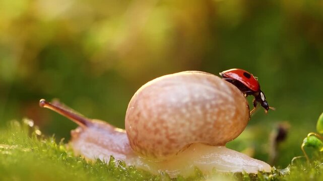 Little red ladybug crawling on snail shell moving through vibrant green moss in peaceful nature scene.