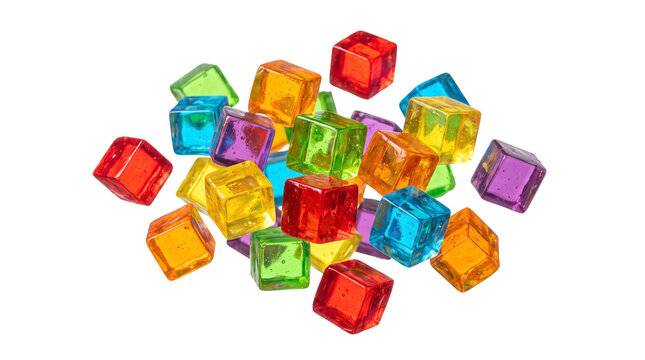 Vibrant translucent plastic cubes in a rainbow pile, colorful glass blocks isolated on white, decorative geometric game pieces for creative design