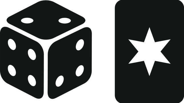 Black silhouette icons of a gaming dice and a star shaped playing card with dice game