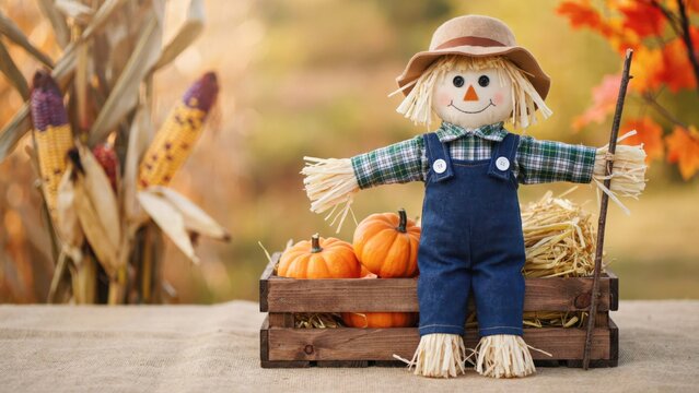 Cute scarecrow doll sitting on a wooden crate with pumpkins and straw