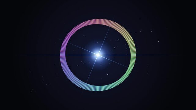 Abstract neon circular audio spectrum equalizer with glowing light flare background, circle ring