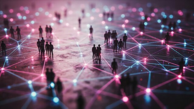 Abstract digital network of connected people silhouettes