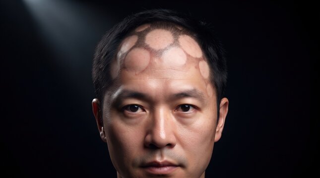 Portrait of an Asian man with distinct circular vitiligo depigmentation patches on his forehead