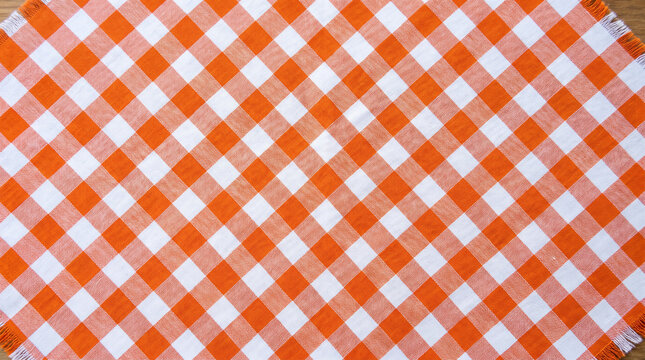 Orange gingham tablecloth with woven check pattern and fringed edge. Vintage plaid chequered check pattern. square fabric textile texture, picnic blanket background wallpaper