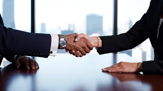 Business Agreement Handshake: A professional handshake between two business people sealing a deal, symbolizing trust and partnership against a cityscape backdrop.