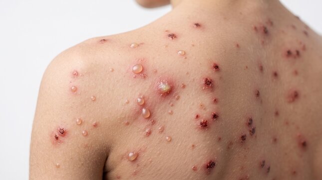 Close up of a back and shoulder covered in severe blistering rash and scabs from chickenpox or monkeypox