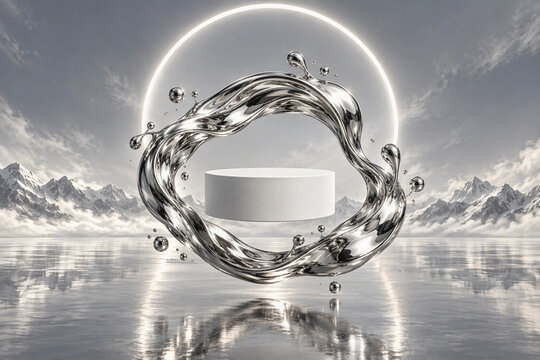 Widescreen luxury matte white podium with liquid chromium loop and neon ring for premium tech product mockup display