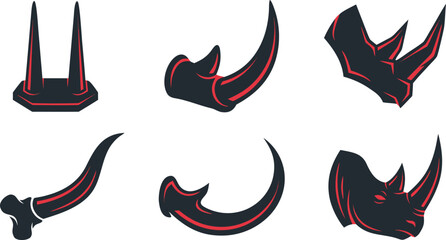 Rhinoceros Horn and Sharp Animal Tusk Mascot Icon Set Featuring Aggressive Wildlife Horns, Spikes, and Rhino Head Logo Symbols Vector Graphic © Sujat