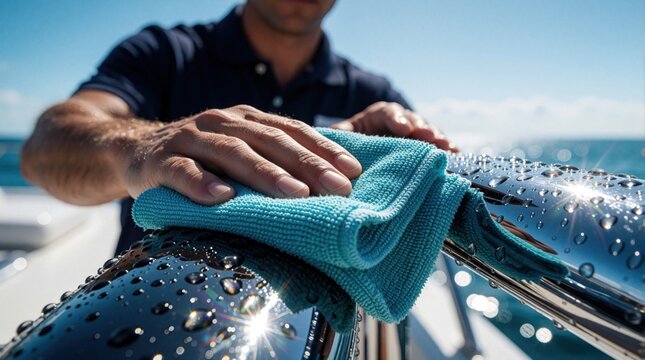 Male crew member cleans chrome railing on luxury yacht. Person uses blue microfiber cloth to polish metal part on boat deck. Maritime maintenance work at sea during summer. Shiny vessel rail with