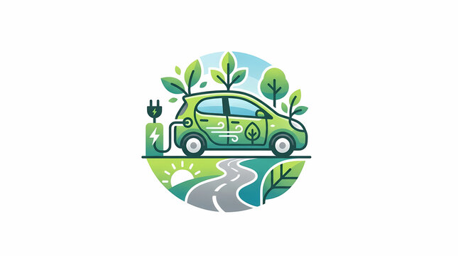 Electric vehicle charging graphic concept, green eco friendly car vector illustration, sustainable transport emblem isolated on white background