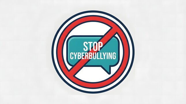 Red prohibition sign over a speech bubble with stop cyberbullying text for digital safety concept.