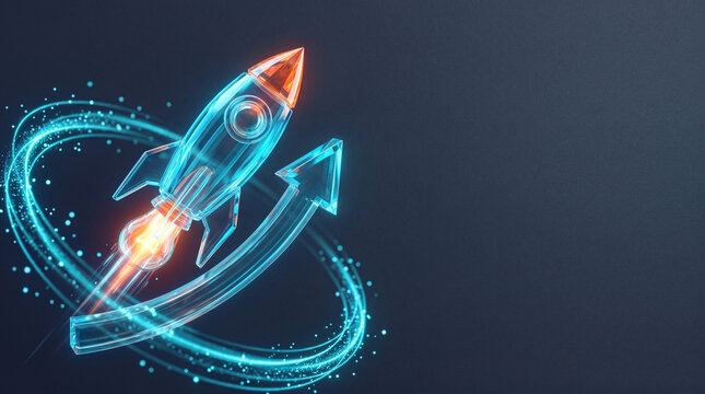 Startup rocket launching with upward arrow motion graphic against dark background