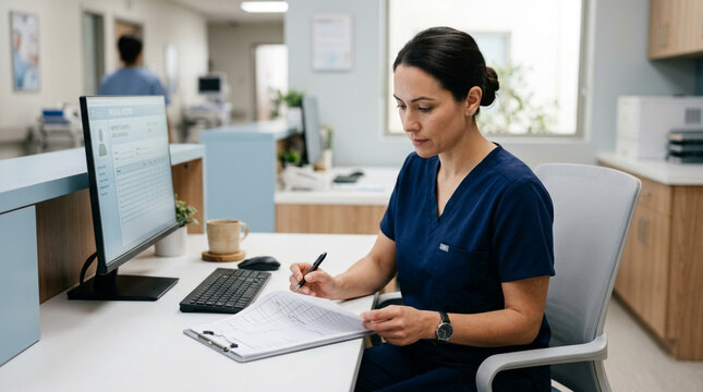 Nurse working at computer in medical office, healthcare administration, patient records
